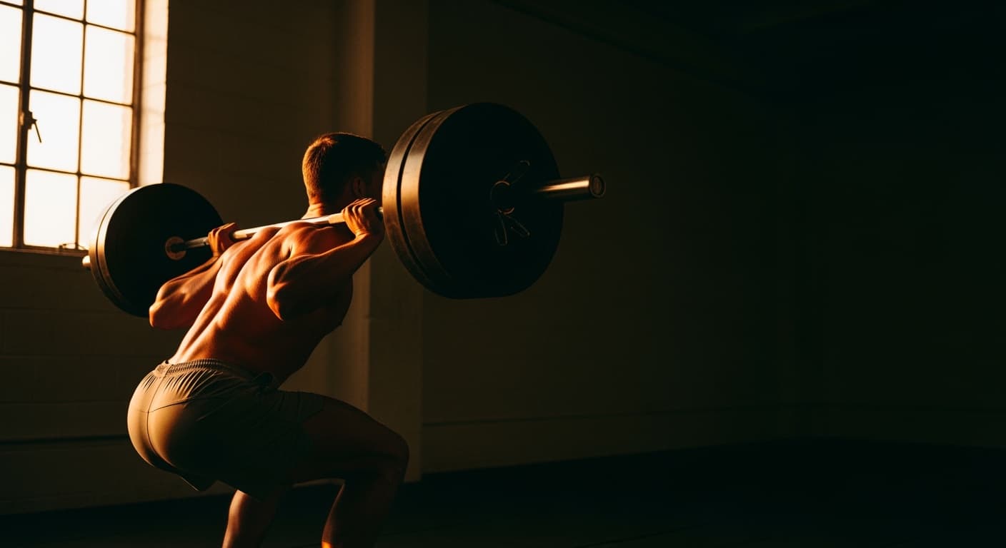 Athlete mid-squat in a quiet industrial gym, lit by a single warm window.