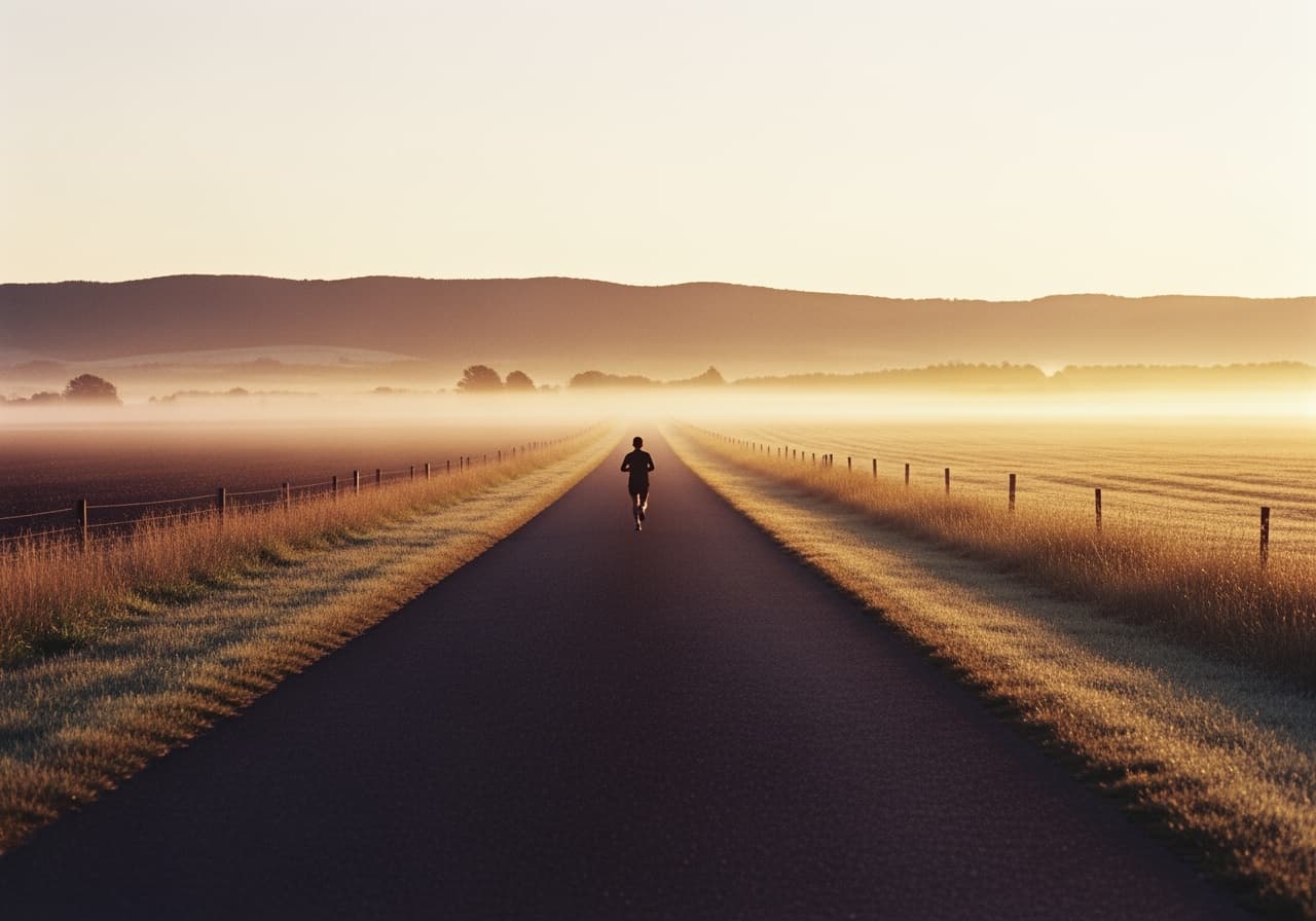A lone runner at dawn on an empty country road.